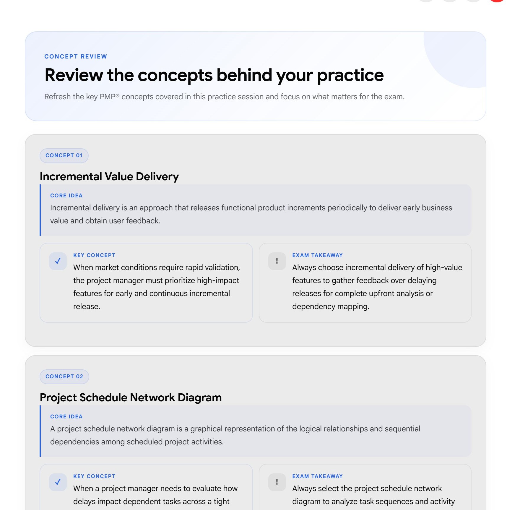 Concept review cards with the core idea, key concept and exam takeaway for each question