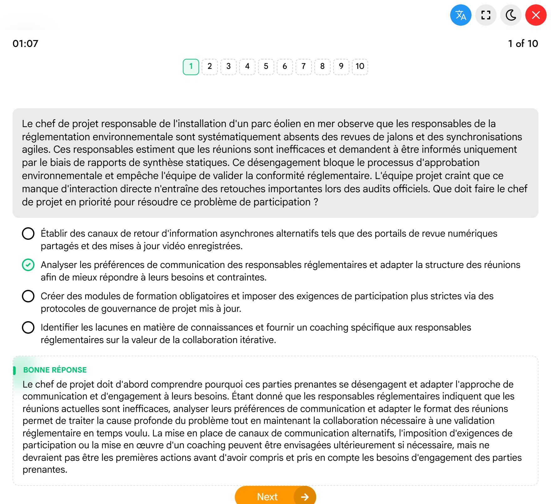 Question d’entraînement PassPMP en français avec la bonne réponse et une explication détaillée