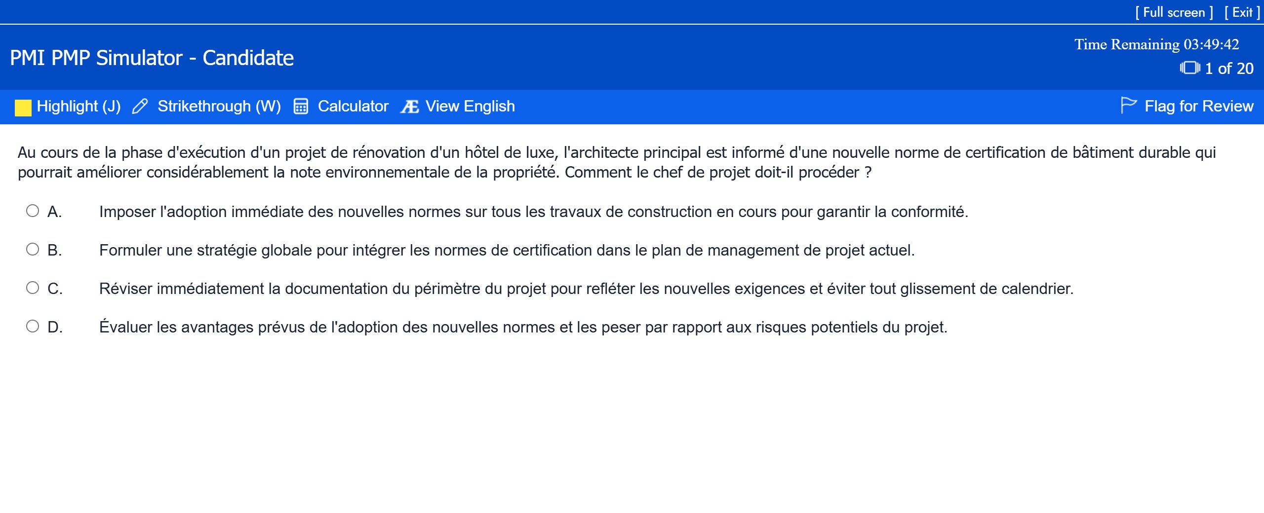 PassPMP exam simulator showing a PMP question in French with the View English button