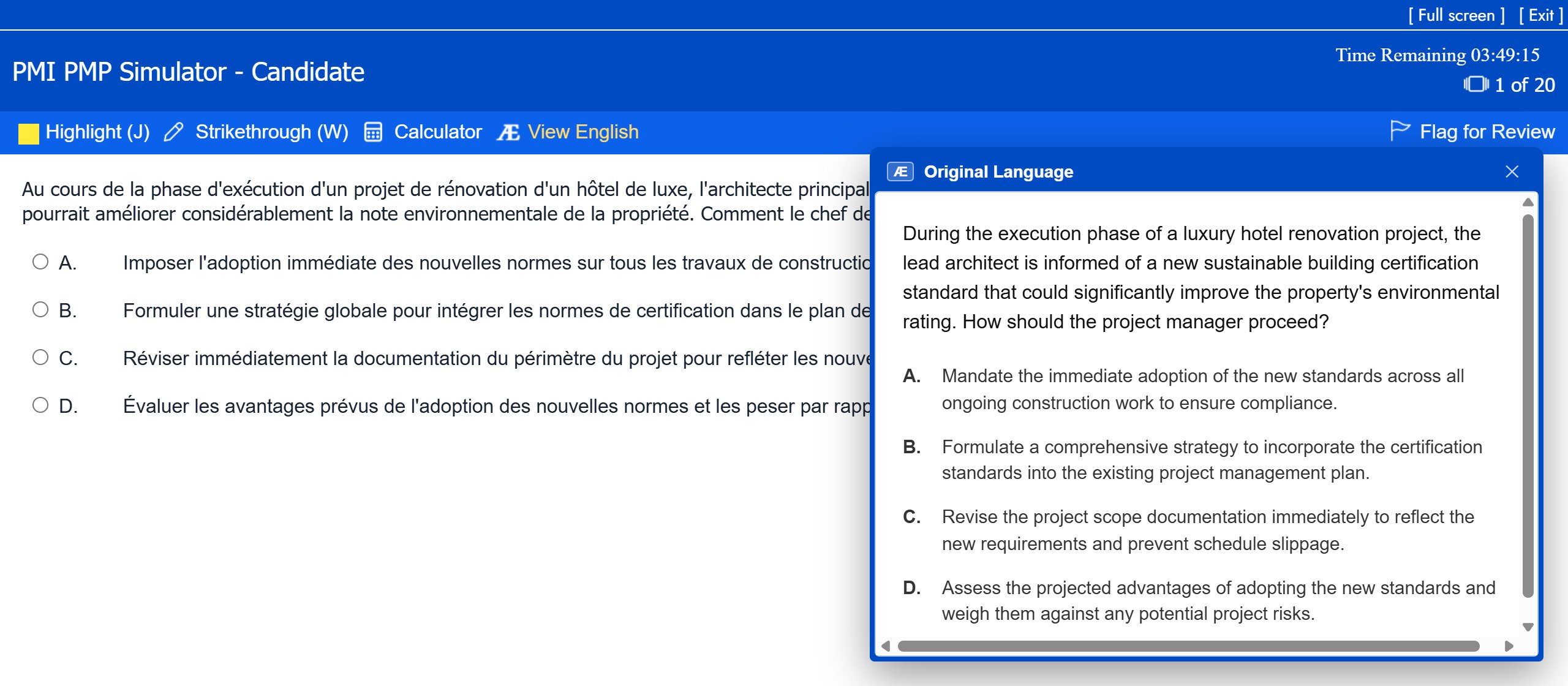 PassPMP exam simulator with the View English popup showing the original English question next to the French version